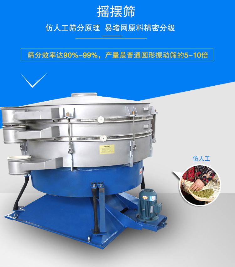 搖擺篩適合精細(xì)和超細(xì)范圍的粉末和微粒狀物料，產(chǎn)量大、精度高
